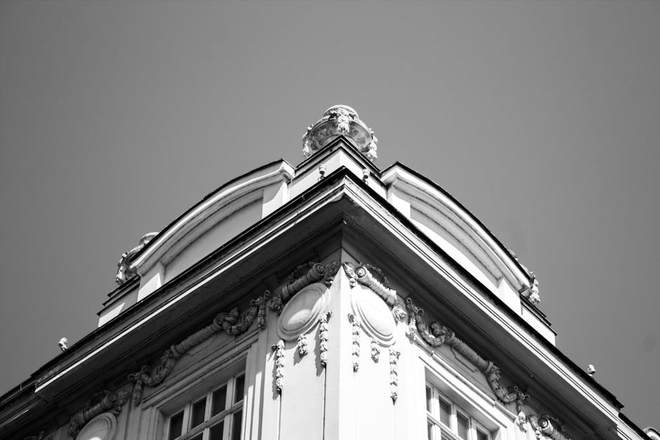Striking black and white photo showcasing the intricate details of a historic building's corner facade
